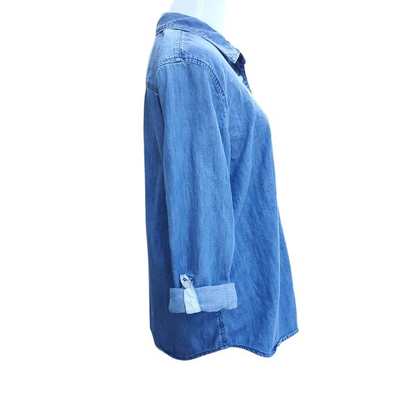 Draper James Blue Cotton Denim Chambray Button Down Top Roll Tab Sleeves Sz 12 - Picture 8 of 10